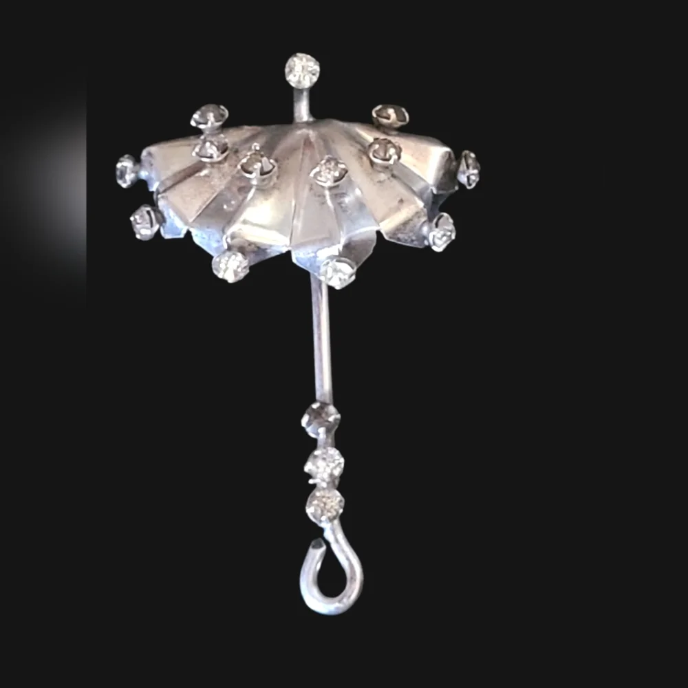 1940s Sterling Silver & Rhinestones Umbrella Brooch